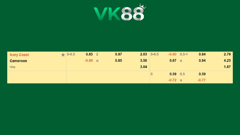 Bảng kèo Bờ Biển Ngà vs Cameroon 03h00 ngày 29/12/2025